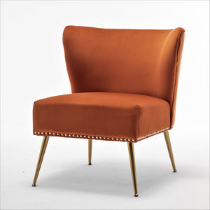 English Elm Printed Cloth Slipper Chair Armless Nailhead Trim Metal Legs Modern Accent Seating Orange B2735P510458