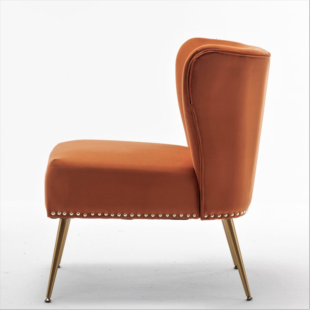 English Elm Printed Cloth Slipper Chair Armless Nailhead Trim Metal Legs Modern Accent Seating Orange B2735P510458