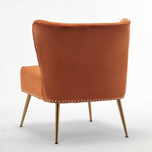 English Elm Printed Cloth Slipper Chair Armless Nailhead Trim Metal Legs Modern Accent Seating Orange B2735P510458