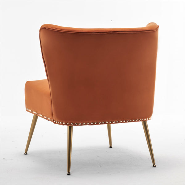 English Elm Printed Cloth Slipper Chair Armless Nailhead Trim Metal Legs Modern Accent Seating Orange B2735P510458