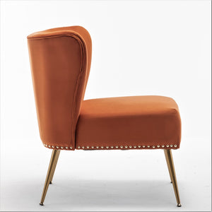English Elm Printed Cloth Slipper Chair Armless Nailhead Trim Metal Legs Modern Accent Seating Orange B2735P510458