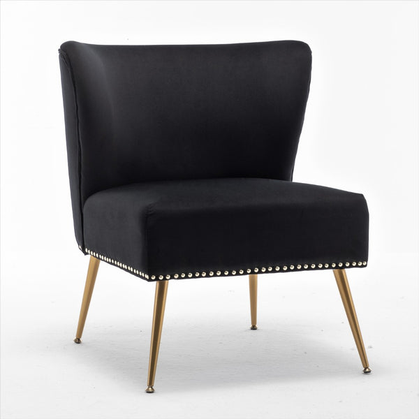 English Elm Printed Cloth Slipper Chair Armless Nailhead Trim Metal Legs Modern Accent Seating Black B2735P510459