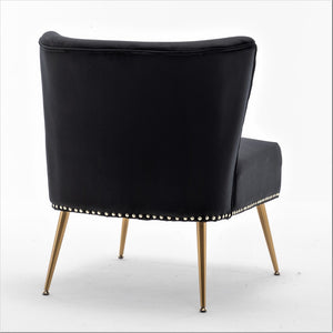 English Elm Printed Cloth Slipper Chair Armless Nailhead Trim Metal Legs Modern Accent Seating Black B2735P510459