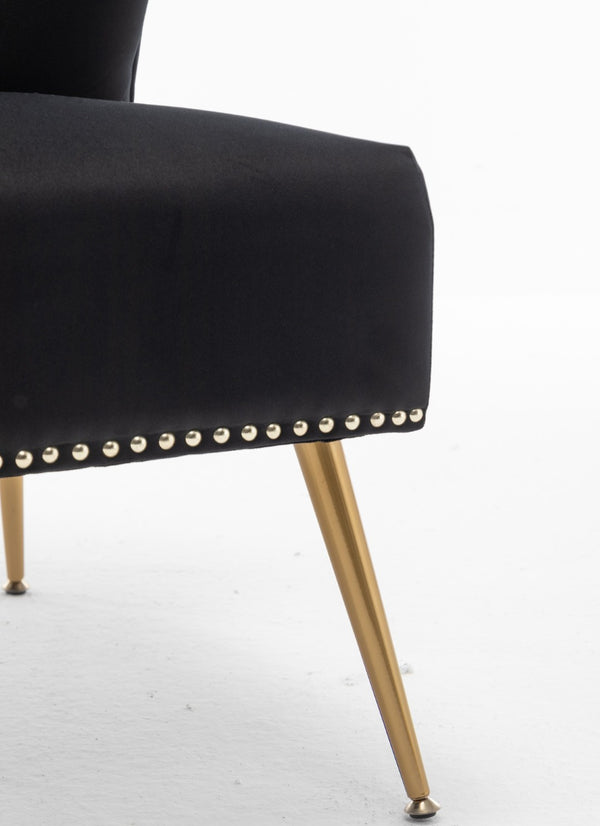 English Elm Printed Cloth Slipper Chair Armless Nailhead Trim Metal Legs Modern Accent Seating Black B2735P510459