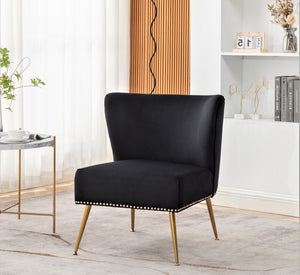 English Elm Printed Cloth Slipper Chair Armless Nailhead Trim Metal Legs Modern Accent Seating Black B2735P510459
