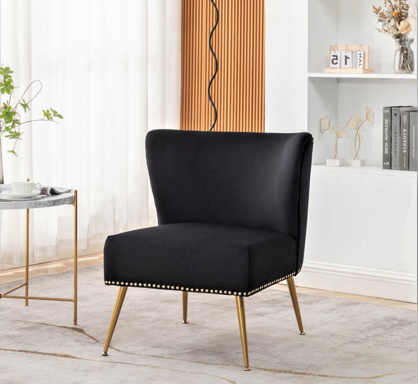 English Elm Printed Cloth Slipper Chair Armless Nailhead Trim Metal Legs Modern Accent Seating Black B2735P510459