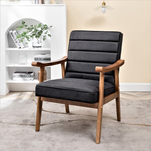 English Elm Mid-Century Modern Accent Chair Solid Wood Frame Open Arm Microfiber Upholstered Seat Black B2735P510545