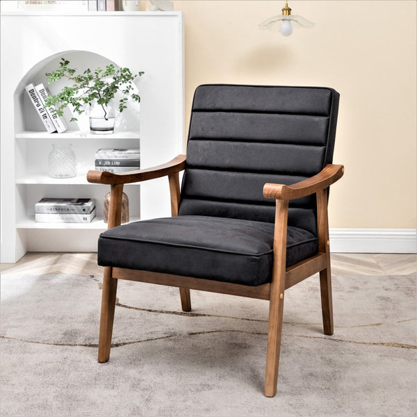 English Elm Mid-Century Modern Accent Chair Solid Wood Frame Open Arm Microfiber Upholstered Seat Black B2735P510545