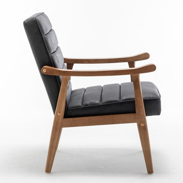 English Elm Mid-Century Modern Accent Chair Solid Wood Frame Open Arm Microfiber Upholstered Seat Black B2735P510545