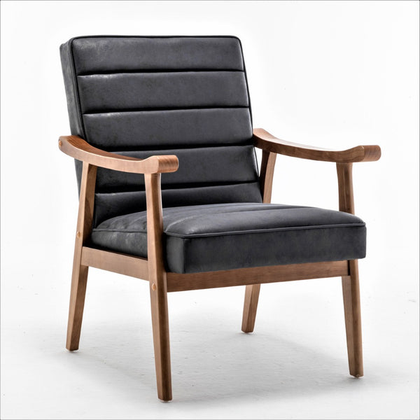 English Elm Mid-Century Modern Accent Chair Solid Wood Frame Open Arm Microfiber Upholstered Seat Black B2735P510545