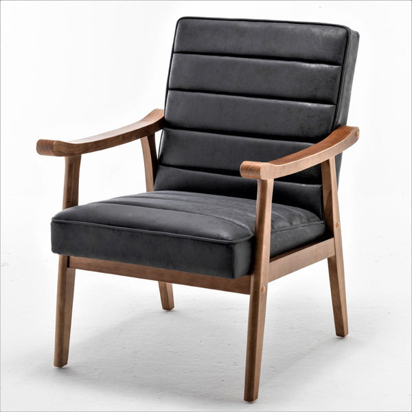English Elm Mid-Century Modern Accent Chair Solid Wood Frame Open Arm Microfiber Upholstered Seat Black B2735P510545
