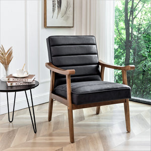 English Elm Mid-Century Modern Accent Chair Solid Wood Frame Open Arm Microfiber Upholstered Seat Black B2735P510545