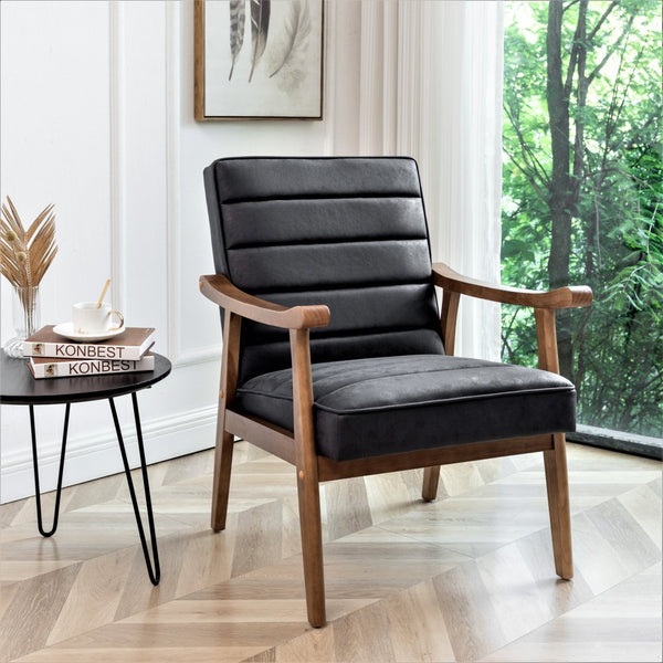 English Elm Mid-Century Modern Accent Chair Solid Wood Frame Open Arm Microfiber Upholstered Seat Black B2735P510545