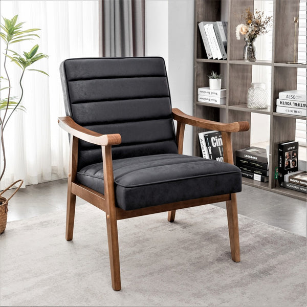 English Elm Mid-Century Modern Accent Chair Solid Wood Frame Open Arm Microfiber Upholstered Seat Black B2735P510545