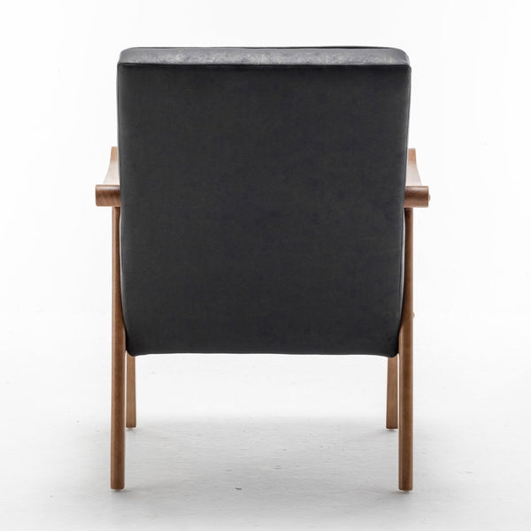 English Elm Mid-Century Modern Accent Chair Solid Wood Frame Open Arm Microfiber Upholstered Seat Black B2735P510545