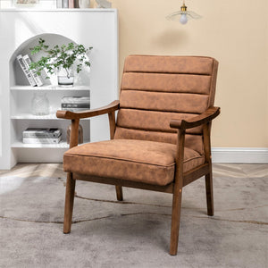 English Elm Mid-Century Modern Accent Chair Solid Wood Frame Open Arm Microfiber Upholstered Seat Brown B2735P510546