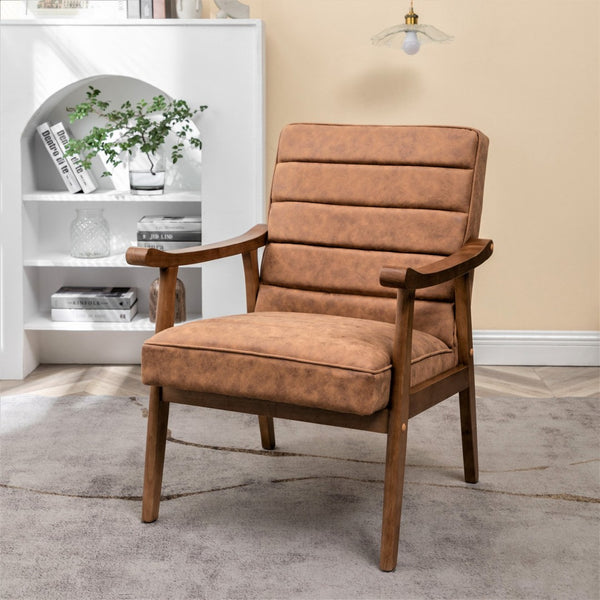 English Elm Mid-Century Modern Accent Chair Solid Wood Frame Open Arm Microfiber Upholstered Seat Brown B2735P510546