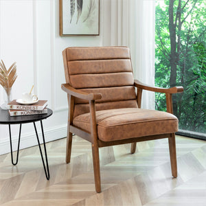 English Elm Mid-Century Modern Accent Chair Solid Wood Frame Open Arm Microfiber Upholstered Seat Brown B2735P510546