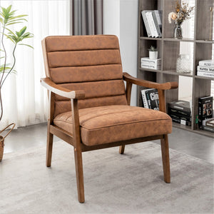 English Elm Mid-Century Modern Accent Chair Solid Wood Frame Open Arm Microfiber Upholstered Seat Brown B2735P510546