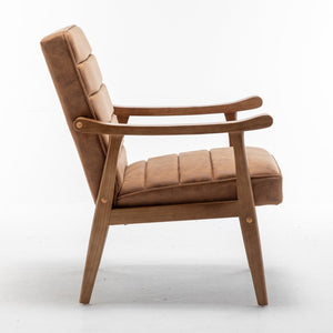 English Elm Mid-Century Modern Accent Chair Solid Wood Frame Open Arm Microfiber Upholstered Seat Brown B2735P510546