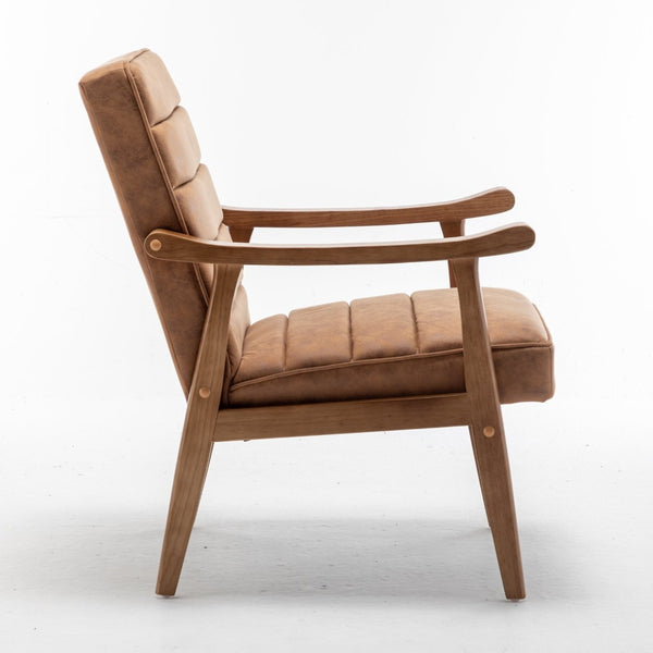 English Elm Mid-Century Modern Accent Chair Solid Wood Frame Open Arm Microfiber Upholstered Seat Brown B2735P510546
