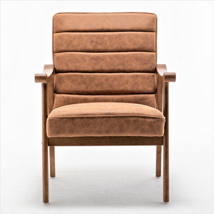 English Elm Mid-Century Modern Accent Chair Solid Wood Frame Open Arm Microfiber Upholstered Seat Brown B2735P510546