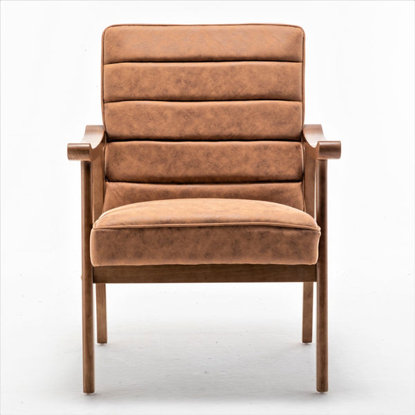 English Elm Mid-Century Modern Accent Chair Solid Wood Frame Open Arm Microfiber Upholstered Seat Brown B2735P510546