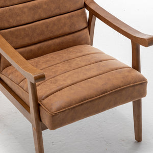 English Elm Mid-Century Modern Accent Chair Solid Wood Frame Open Arm Microfiber Upholstered Seat Brown B2735P510546