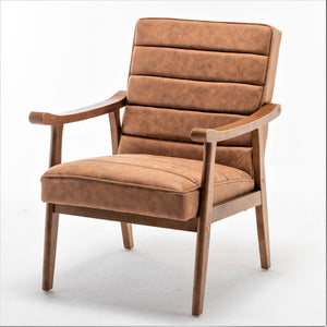 English Elm Mid-Century Modern Accent Chair Solid Wood Frame Open Arm Microfiber Upholstered Seat Brown B2735P510546