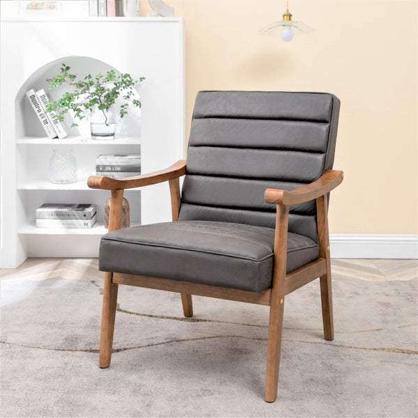 English Elm Mid-Century Modern Accent Chair Solid Wood Frame Open Arm Microfiber Upholstered Seat Grey B2735P510547