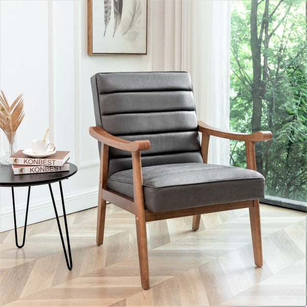 English Elm Mid-Century Modern Accent Chair Solid Wood Frame Open Arm Microfiber Upholstered Seat Grey B2735P510547