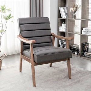 English Elm Mid-Century Modern Accent Chair Solid Wood Frame Open Arm Microfiber Upholstered Seat Grey B2735P510547