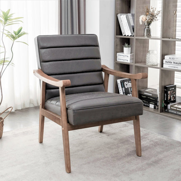 English Elm Mid-Century Modern Accent Chair Solid Wood Frame Open Arm Microfiber Upholstered Seat Grey B2735P510547