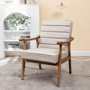 English Elm Mid-Century Modern Accent Chair Solid Wood Frame Open Arm Microfiber Upholstered Seat Beige B2735P510548