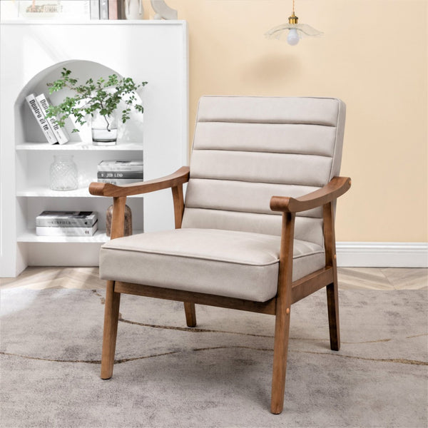 English Elm Mid-Century Modern Accent Chair Solid Wood Frame Open Arm Microfiber Upholstered Seat Beige B2735P510548