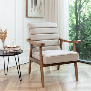 English Elm Mid-Century Modern Accent Chair Solid Wood Frame Open Arm Microfiber Upholstered Seat Beige B2735P510548