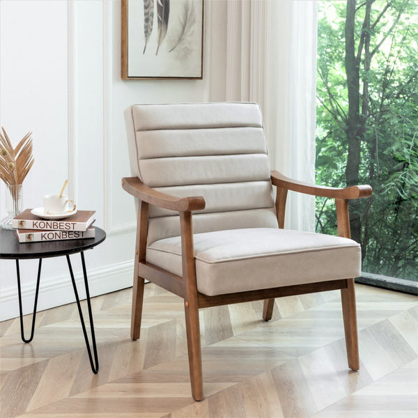 English Elm Mid-Century Modern Accent Chair Solid Wood Frame Open Arm Microfiber Upholstered Seat Beige B2735P510548
