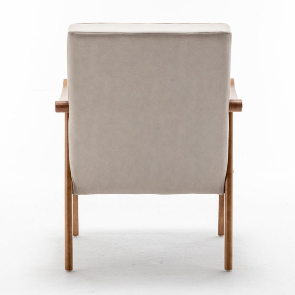 English Elm Mid-Century Modern Accent Chair Solid Wood Frame Open Arm Microfiber Upholstered Seat Beige B2735P510548