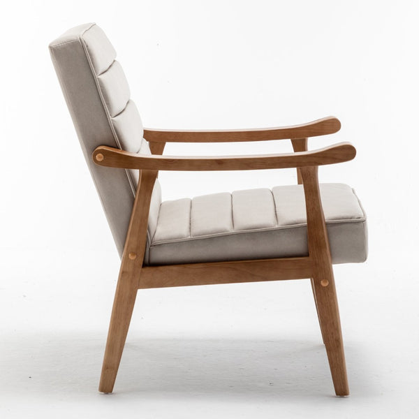 English Elm Mid-Century Modern Accent Chair Solid Wood Frame Open Arm Microfiber Upholstered Seat Beige B2735P510548
