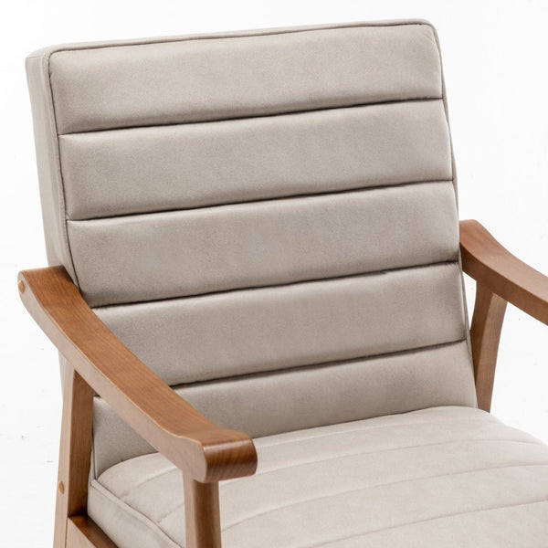 English Elm Mid-Century Modern Accent Chair Solid Wood Frame Open Arm Microfiber Upholstered Seat Beige B2735P510548