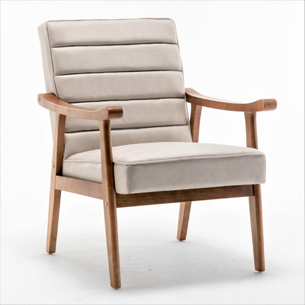 English Elm Mid-Century Modern Accent Chair Solid Wood Frame Open Arm Microfiber Upholstered Seat Beige B2735P510548