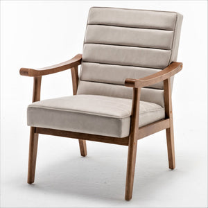 English Elm Mid-Century Modern Accent Chair Solid Wood Frame Open Arm Microfiber Upholstered Seat Beige B2735P510548