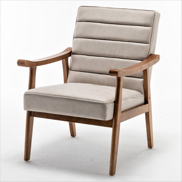 English Elm Mid-Century Modern Accent Chair Solid Wood Frame Open Arm Microfiber Upholstered Seat Beige B2735P510548