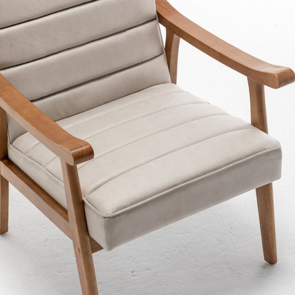 English Elm Mid-Century Modern Accent Chair Solid Wood Frame Open Arm Microfiber Upholstered Seat Beige B2735P510548