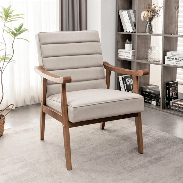 English Elm Mid-Century Modern Accent Chair Solid Wood Frame Open Arm Microfiber Upholstered Seat Beige B2735P510548