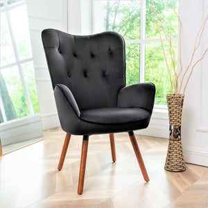 English Elm Mid-Century Modern Wingback Chair Tufted Polyester Upholstery Splayed Wood Legs Black B2735P511065