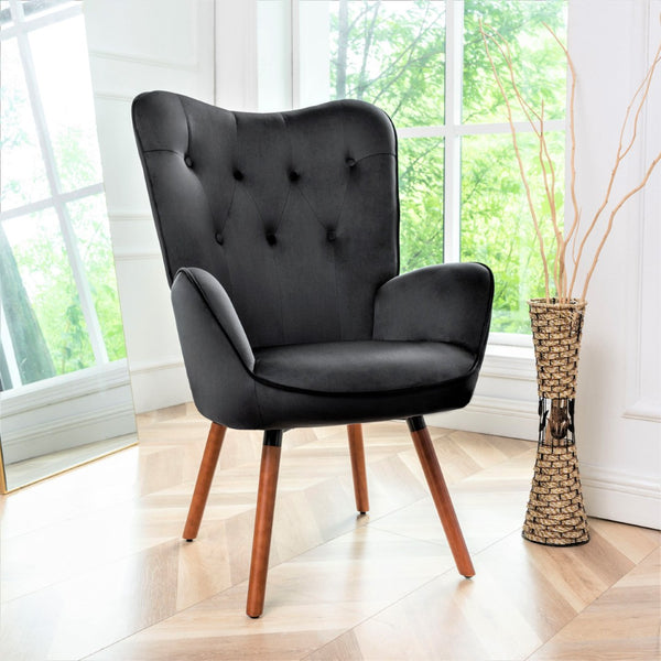 English Elm Mid-Century Modern Wingback Chair Tufted Polyester Upholstery Splayed Wood Legs Black B2735P511065