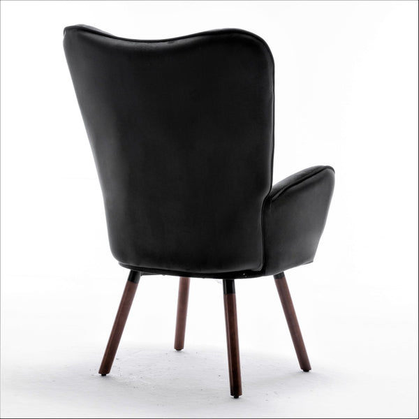 English Elm Mid-Century Modern Wingback Chair Tufted Polyester Upholstery Splayed Wood Legs Black B2735P511065