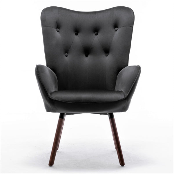 English Elm Mid-Century Modern Wingback Chair Tufted Polyester Upholstery Splayed Wood Legs Black B2735P511065