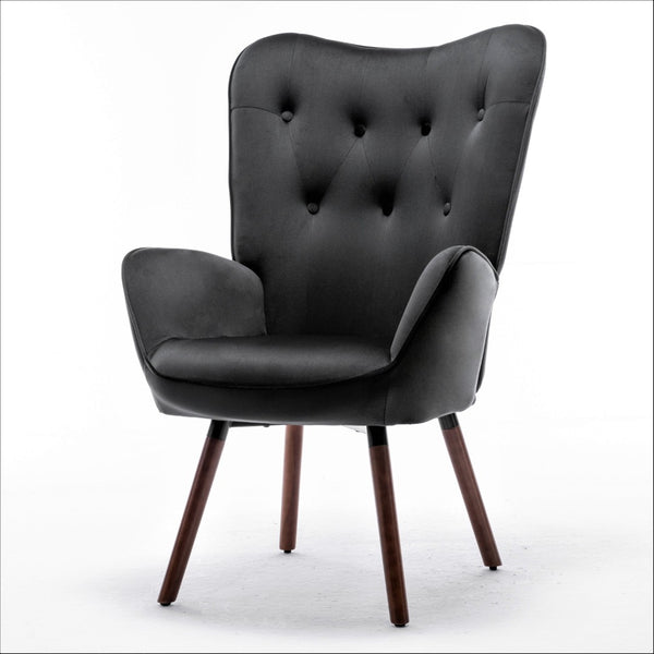 English Elm Mid-Century Modern Wingback Chair Tufted Polyester Upholstery Splayed Wood Legs Black B2735P511065